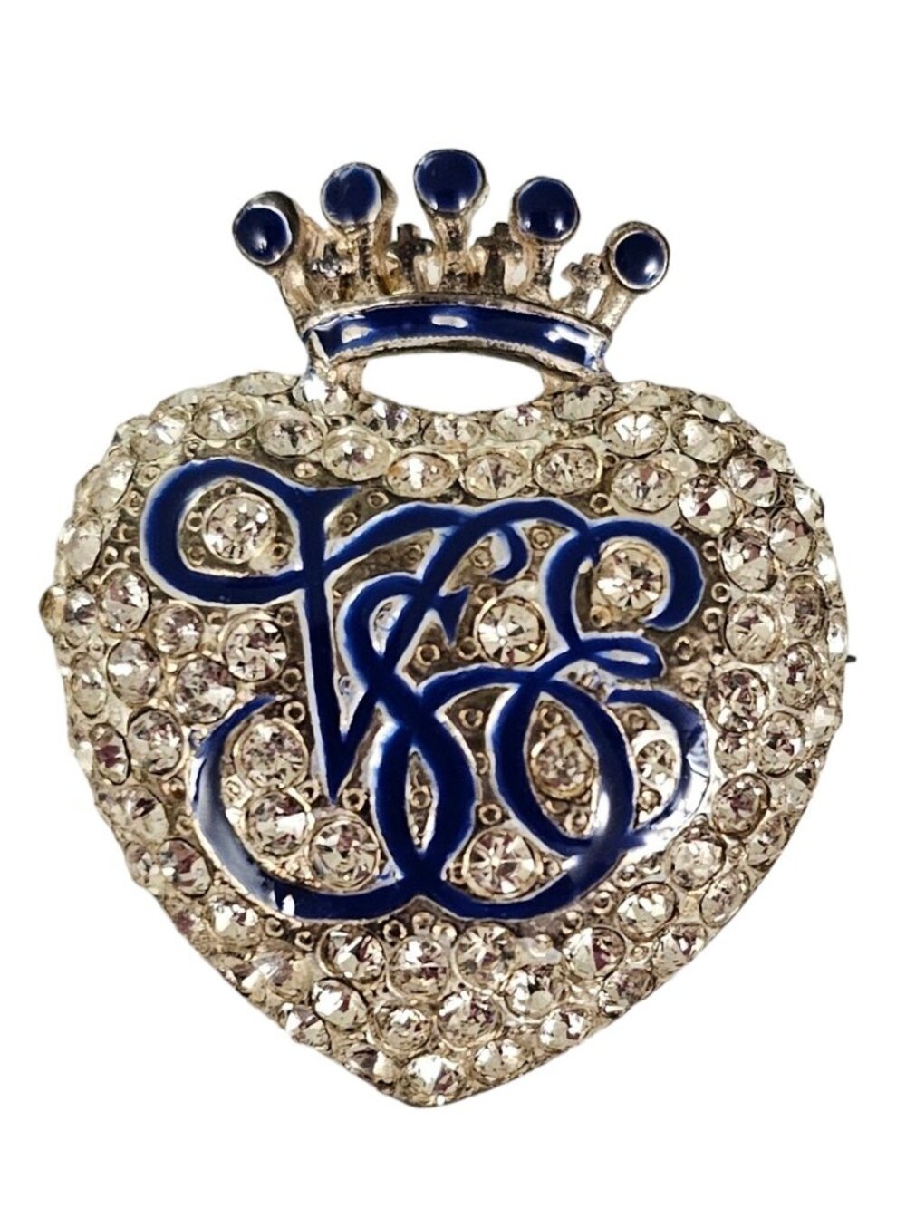 Orient Express Crown Heart Clear Rhinestone Blue Enamel Brooch Pin L234